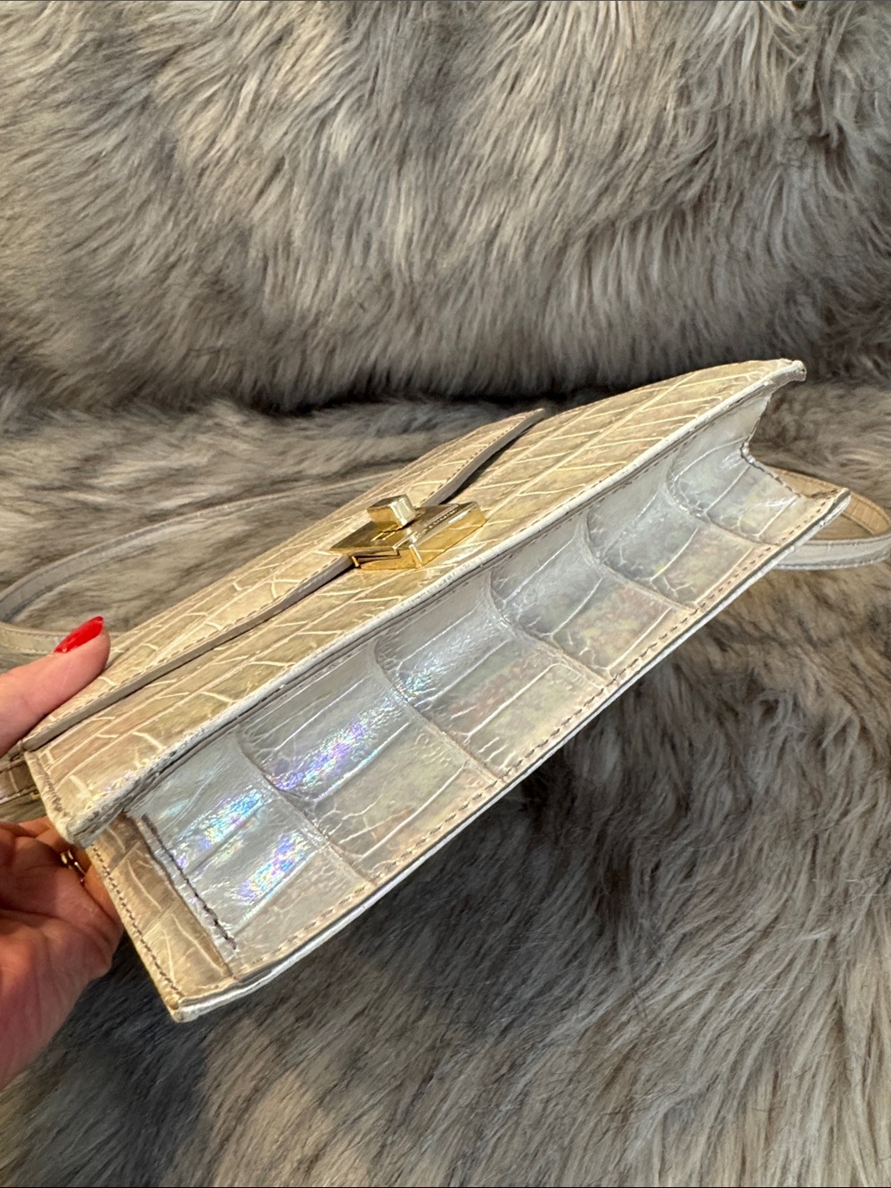 Brahmin Iridescent Pearl Croc-Embossed Crossbody Bag with Gold Hardware - Picture 9 of 16